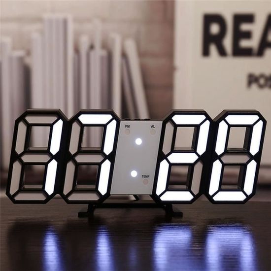 Design moderne 3D grande horloge murale LED numérique USB horloges électroniques sur le mur lumineux réveil Table h-White B