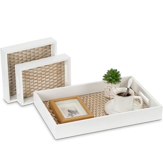 3 Plateaux En Rotin Tressé - Set Organisateur Snack Bohème Pour Maison/Bureau