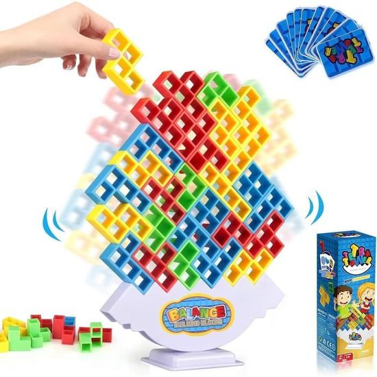 Jeu D'Équilibre Tetra Tower – 64 Pièces Blocs Tetris + Cartes – Jeu De Société Solo Ou Multijoueur – Jouet Montessori Créatif