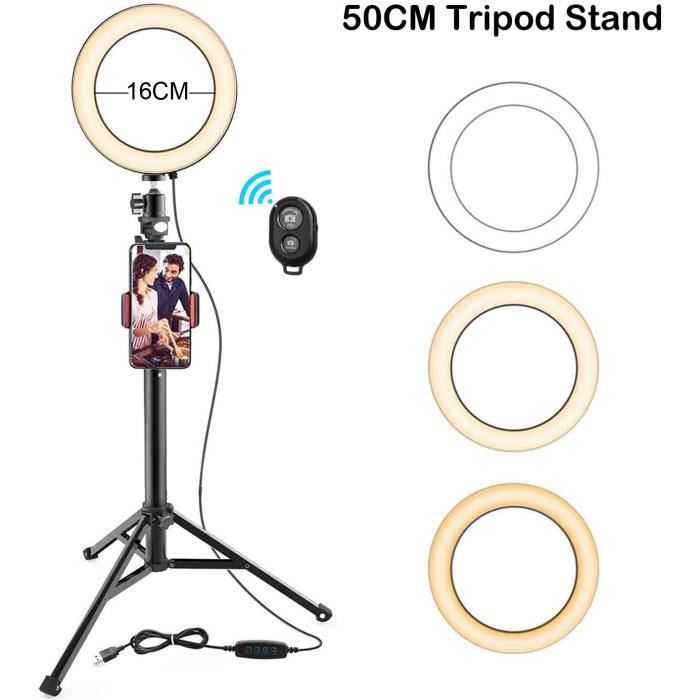 Ring Light Kit Anneau Lumineux 16cm, Lumière Anneau à Intensité Réglable avec 50cm Pied, Porte-Smartphone, pour Telephone Caméra Pho