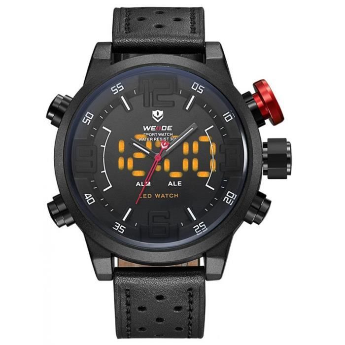 Montres Pour Hommes WH5210B-1C Double Affichage Montres WEIDE Hommes Sport Montres Étanche Bracelet Cuir Horloge À Quartz LED