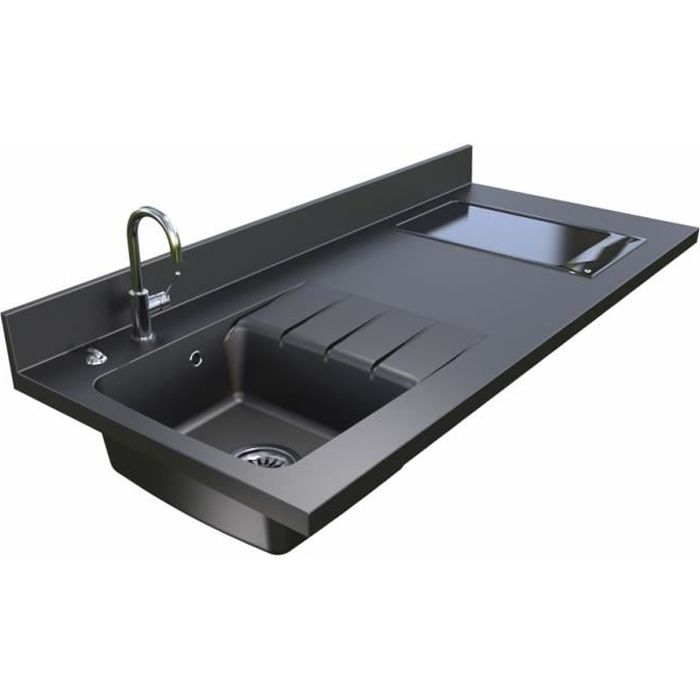 Plan de travail monobloc PlaniQuartz avec évier à gauche - 140cm NERO
