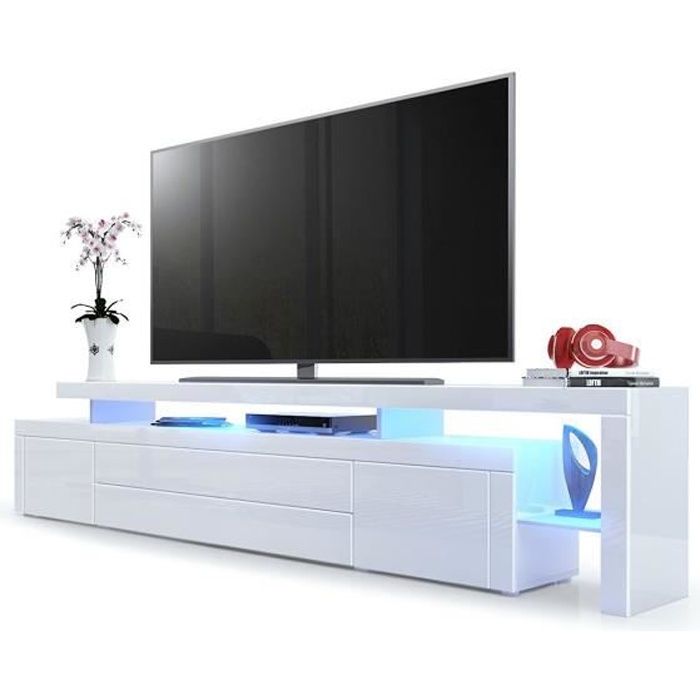 Meuble TV bas en Blanc haute brillance avec l'éclairage LED