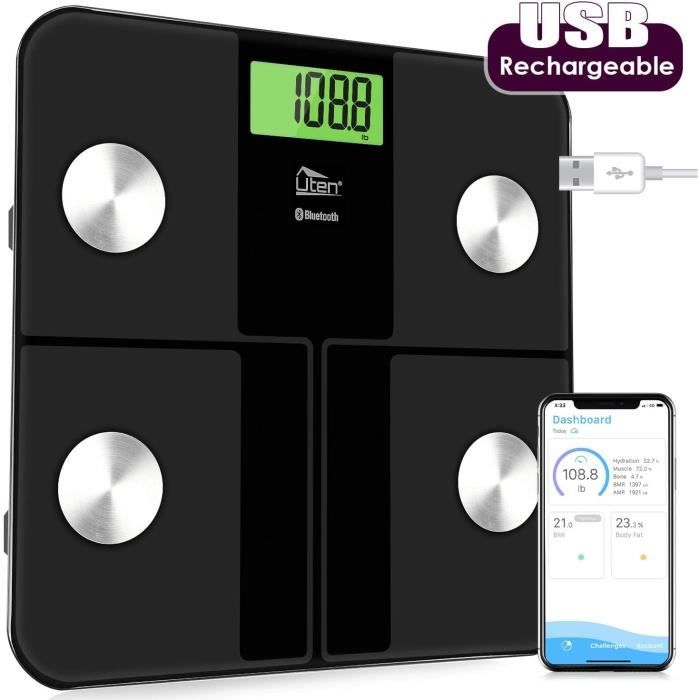 Pèse Personne Impédancemètre, Balance Connecté, Pèse-Personne Bluetooth, Balance de Salle de Bain Numérique Rechargeable USB Balance