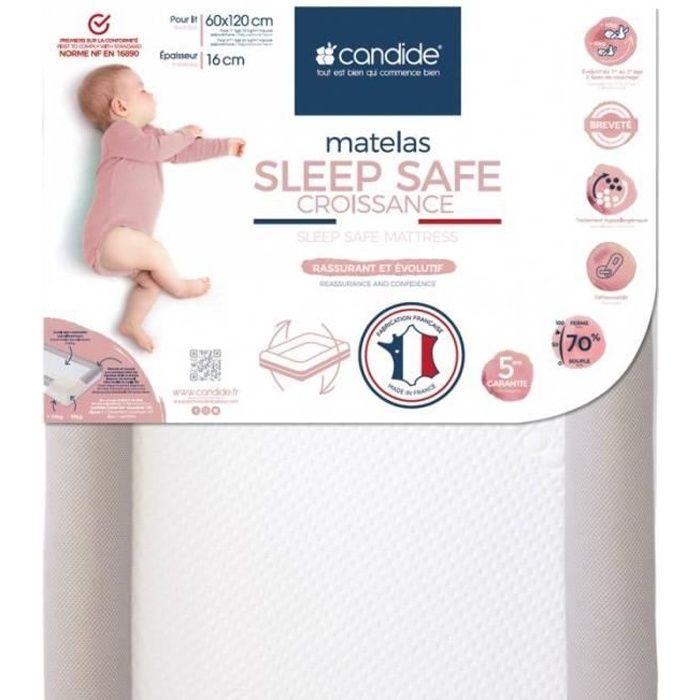 Candide Matelas Sleep Safe Déhoussable Lit 60 x 120 x 16cm