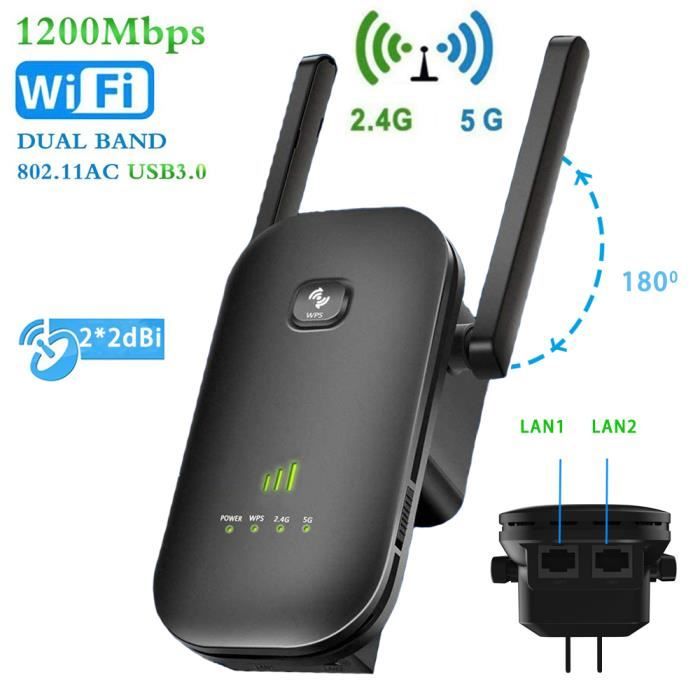 Répéteur WiFi - 1200Mbps Booster WiFi Extender - Dual Band 2.4&5Ghz & 2*2dBi WiFi Antenne - 2 Port Ethernet Amplificateur WiFi -Noir