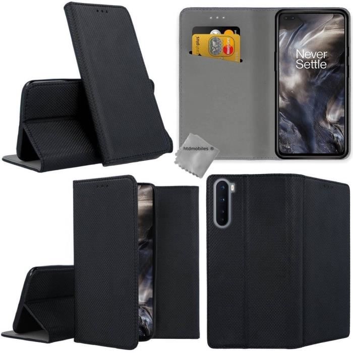 Housse etui portefeuille avec coque intérieure en silicone pour OnePlus Nord + verre trempe - NOIR MAGNET