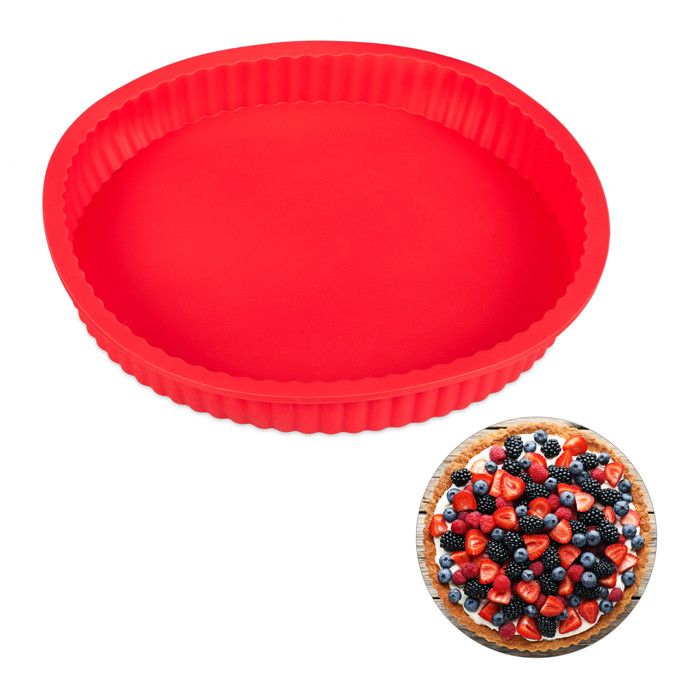 Relaxdays Moule à gâteaux rond 25 cm en silicone antiadhésif rouge résistant chaleur pro tarte quiche, rouge - 4052025272531