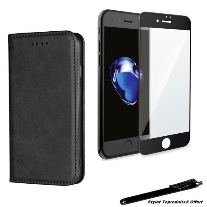 Etui portefeuille noir pour iPhone 7-8 iPhone Se 2020 fermeture magnétique et Verre trempé bords noirs avec Stylet Toproduits®