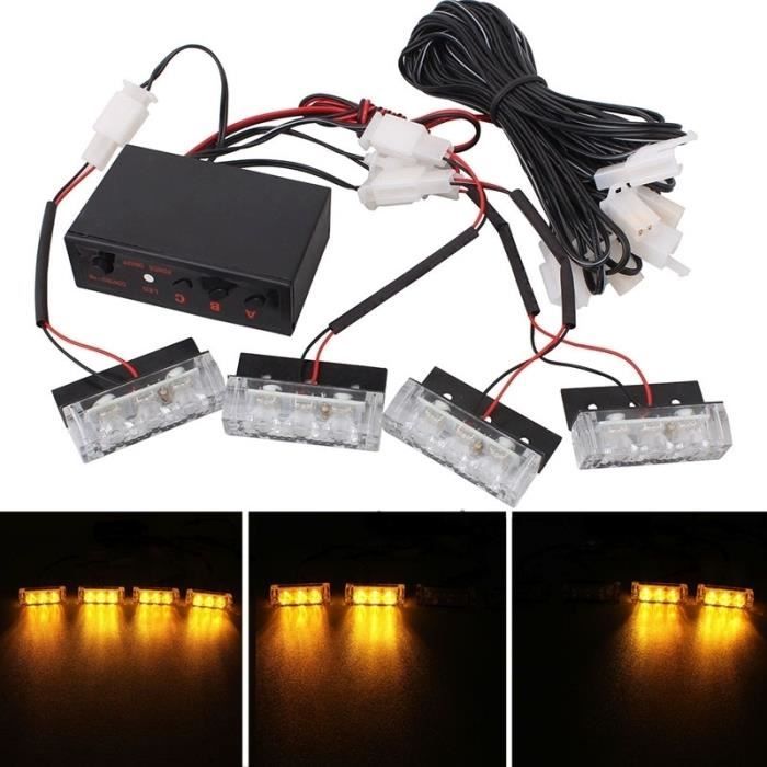 Gyrophare voiture 4 x 3 LED avant Grille police feux d'avertissement jaune clignotant étanche lampe stroboscopique d'urgence DC 12V
