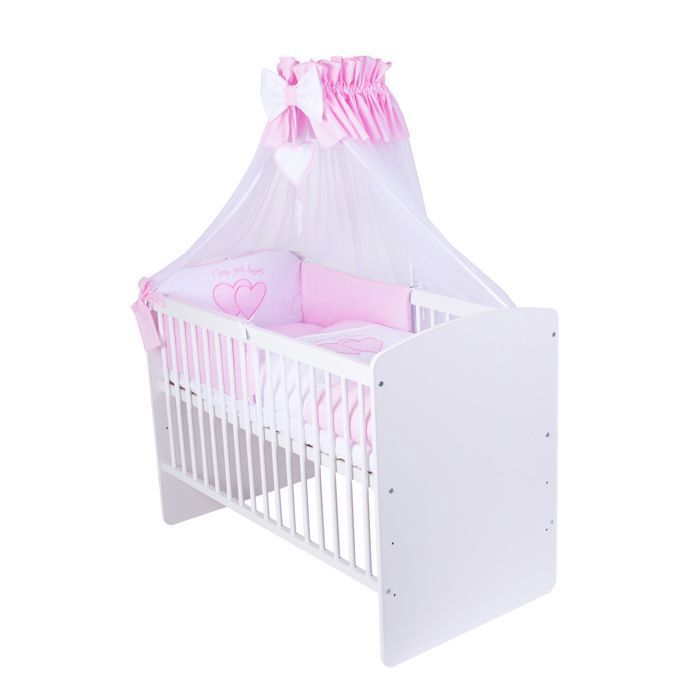 KMBaby Lit Bébé K2 Blanc 120x60 cm Avec Matelas et Parure 11 Pièces Rose Cœurs - 3 Hauteurs - Pin et MDF