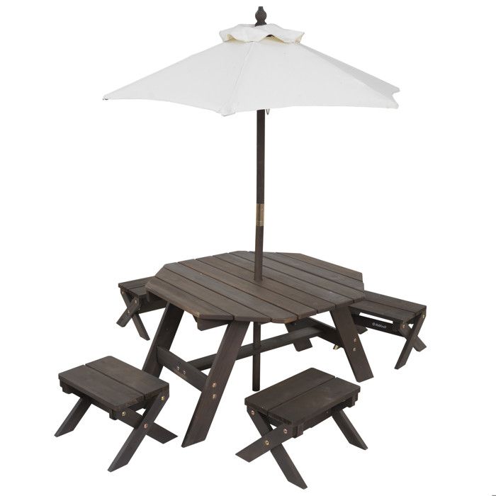 kidkraft - ensemble de tabourets, parasol et table octogonale en bois pour enfant – marron et beige