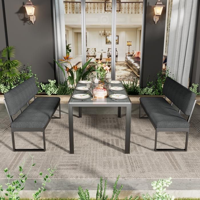 Set Jardin 8 Personnes GIANTEX - Table Ronde + 4 Bancs | HDPE Résistant, Trou Parasol | Coloris Anthracite/gris/blanc