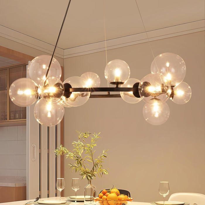Homefire Suspension 14 Ampoules G9 - Moderne Transparente Boule de Verre Lampe de Table à Manger Grande Lustre pour Hôtel Salon