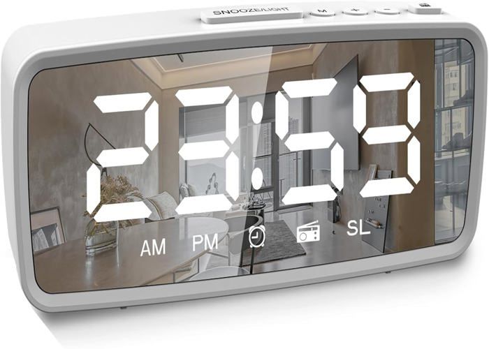 ThreeH Radio Réveil LED Miroir – Double Alarme, FM 76-108MHz, Snooze, 12/24h, USB Ou Piles, Blanc