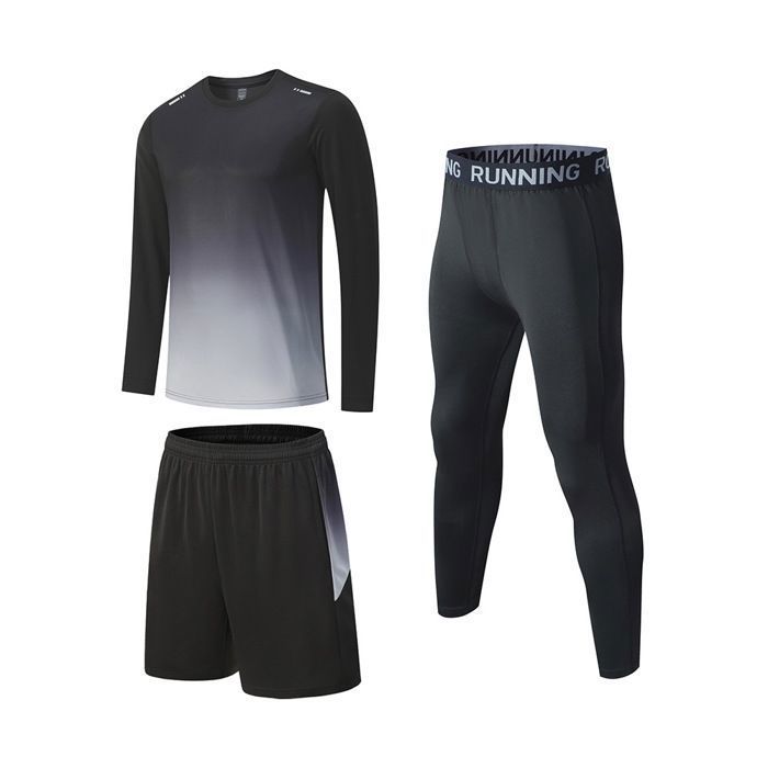 Ensemble de Sport Homme 3 Pièces Vetement Tenue de Sport T-Shirt Short et Legging Sport Pour Running Fitness - Noir Gris