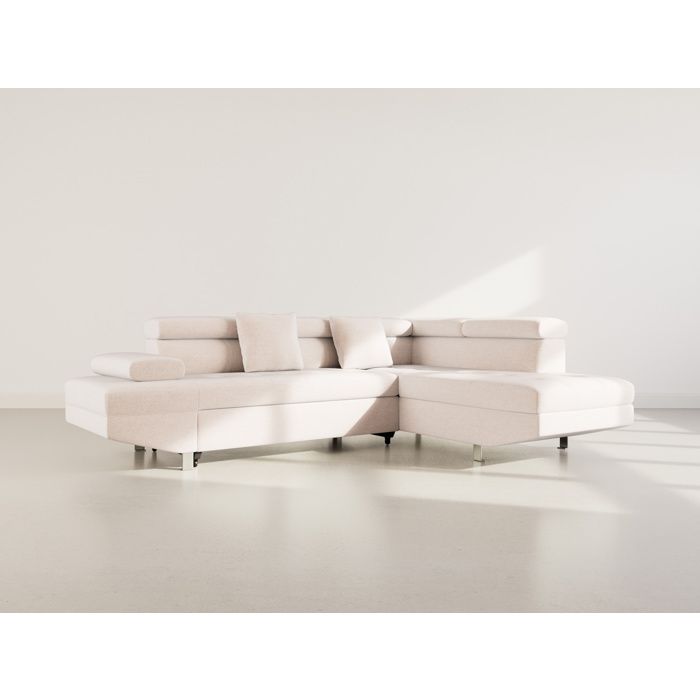 Margaux - Canapé dangle droit 5 places convertible avec coffre et têtières réglables en velours texturé - Beige