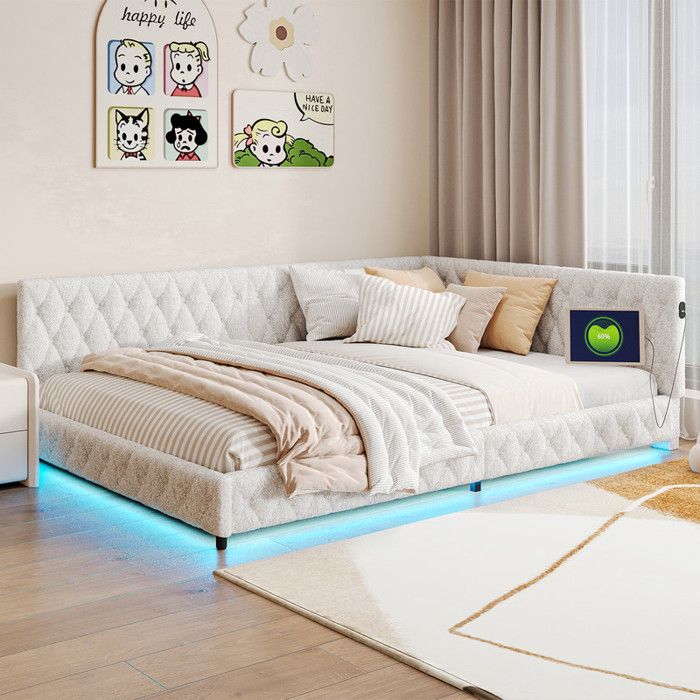 Lit de repos 140 x 200 avec sommier Lit gigogne Canapé lit avec LED et recharge USB canape lit 2 Places peluche polaire beige