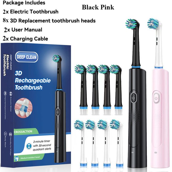 Brosse à Dents électrique Rotative Rechargeable Pour Adulte - 5 Modes, Minuterie, Avec 4 Ou 8 Têtes Souples - Puissance 0,9W