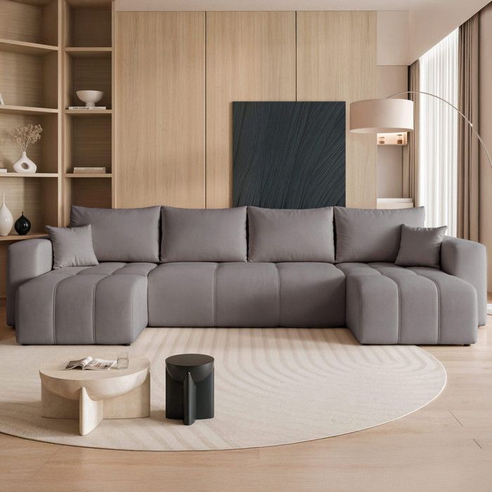 Canapé Panoramique PEDRO - 7 places - Convertible avec Coffre - Tissu Velours - Gris foncé