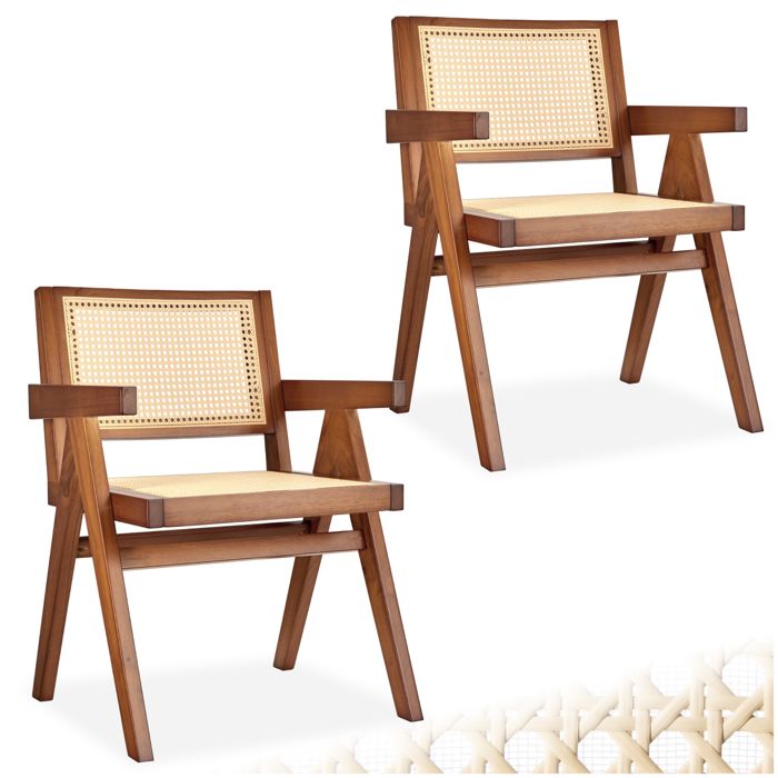 Chaise - TECTAKE - Lot de 2 fauteuils LISSY style boho cannage viennois en bois et accoudoirs 59 5 x 56 5 x 82 5 cm - Chêne foncé Chaise - TECTAKE - Lot de 2 fauteuils LISSY style boho cannage viennois en bois et accoudoirs 59 5 x 56 5 x 82 5 cm - Chêne foncé