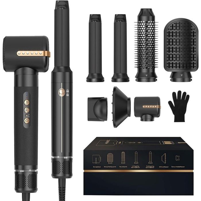 Brosse soufflante Sèche Cheveux Air Styler 7-en-1Brosse Coiffante Chauffante 1200W Lissage BouclesVolume3 Températures
