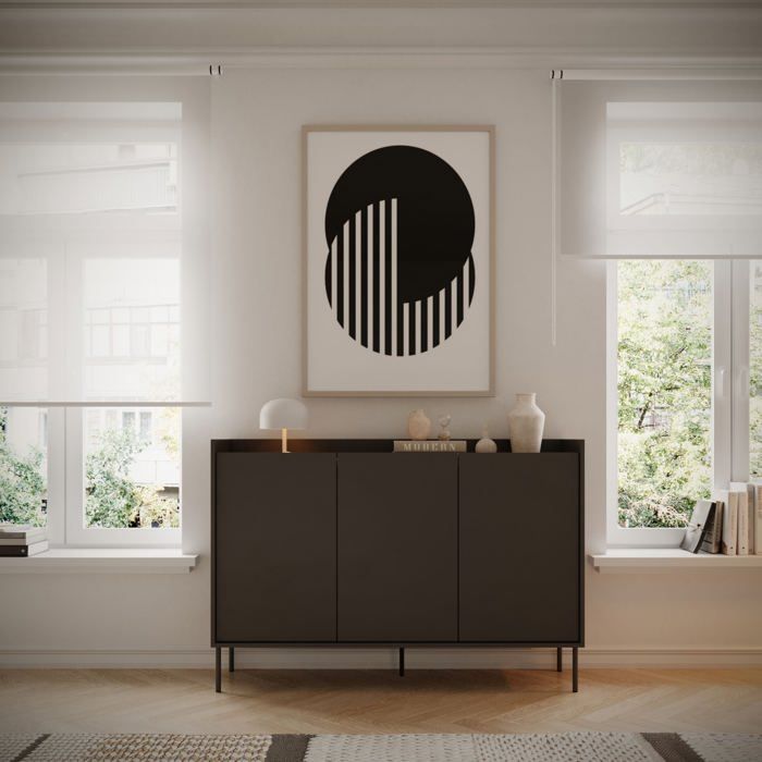 Buffet 3 portes – SELSEY TOVI – 140 cm – Noir/Noyer du Wisconsin