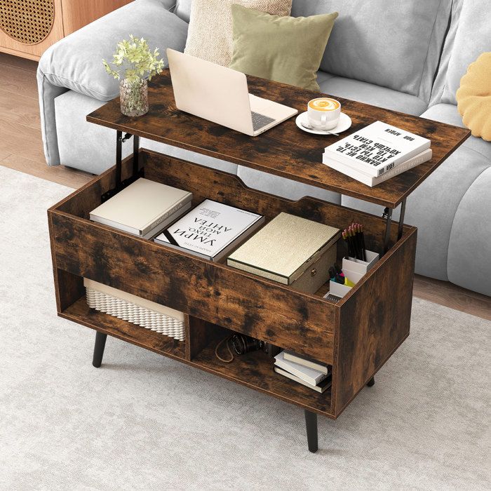 Table Basse Salon avec Plateau Relevable COSTWAY Pieds en Bois de Pin Table de Salon avec 2 Compartiments Rangement Caché Marron