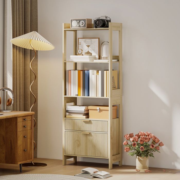 Bibliothèque haute meuble de rangement avec 4 étagères ouvertes et 2 tiroirs cannelés 60 x 30 x 160 cm bois naturel