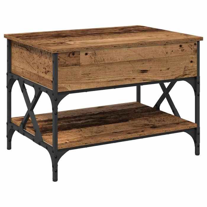 Table basse bois ancien - GKO - 70x50x50 cm - Bois dingénierie - Marron - Plateau relevable - 1 étagère - Durable