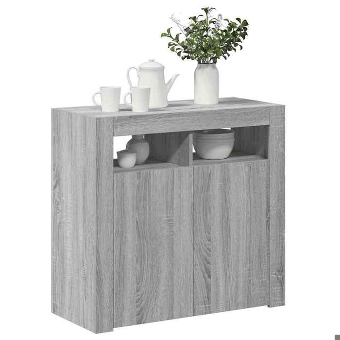 Buffet avec lumières LED - WIENS - Sonoma gris - 80x35x75 cm - Bois dingénierie - Lumières LED RVB