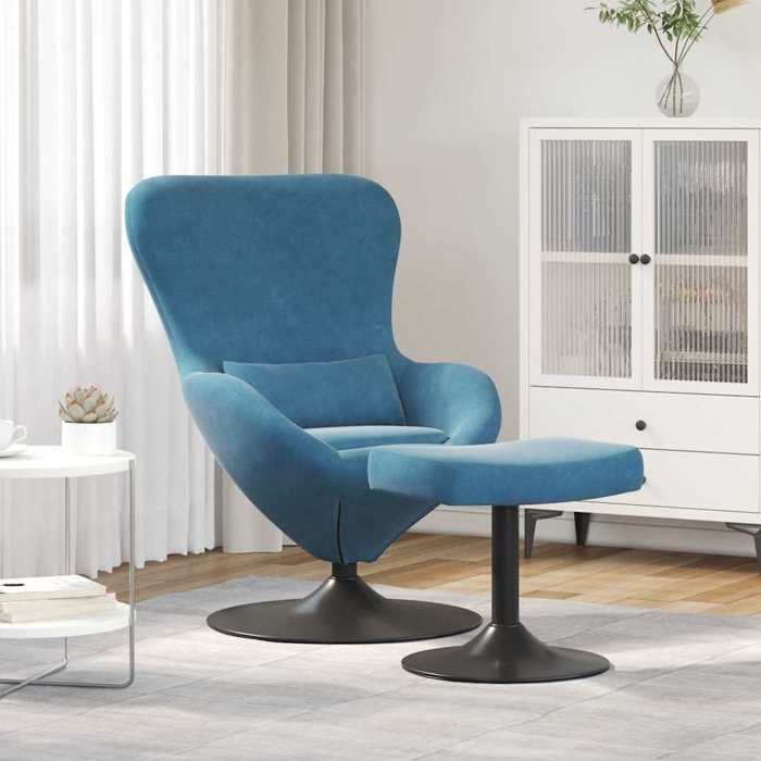Automne/hiver Bleu Chaise Œuf avec Pouf Bleu 63x73x90cm Velours - Hauteur:90cm DEC2831925