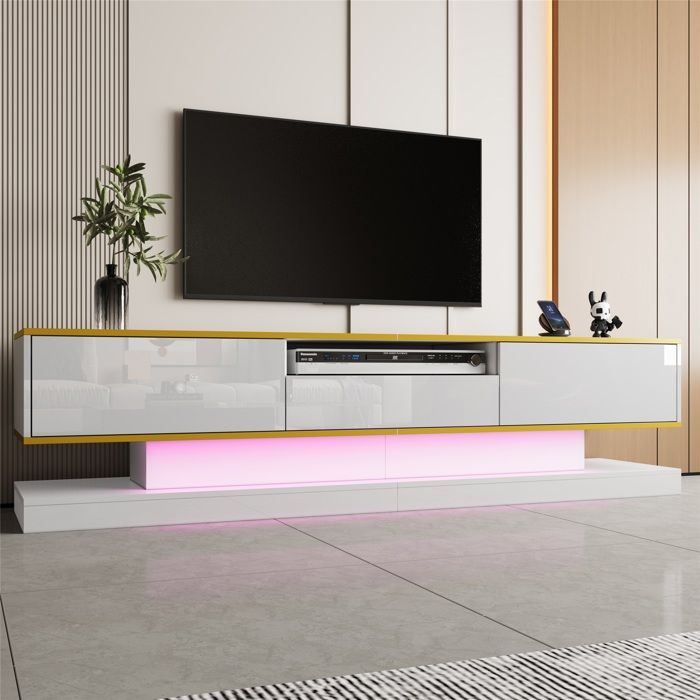 Meuble TV design brillant avec LED RGB - 3 tiroirs et 1 casier ouvert - Moderne et fonctionnel pour salon Meuble TV design brillant avec LED RGB - 3 tiroirs et 1 casier ouvert - Moderne et fonctionnel pour salon