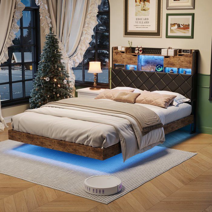 Structure de Lit Flottant 140x190 cm avec LED 2 Personnes Tête de lit Rembourrée Rangement et Station de Charge USB Marron Noir
