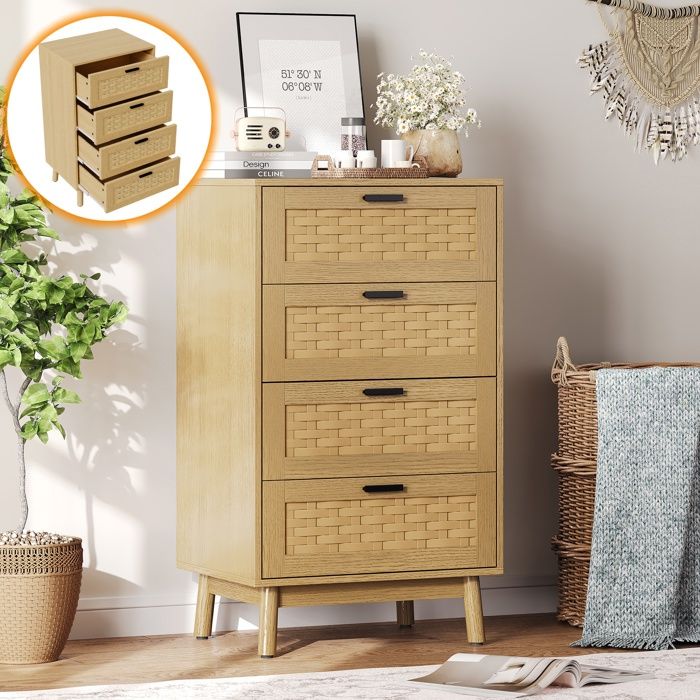Commode Cannage Chambre 4 Tiroirs buffet avec façade en rotin en bois massif Armoire de rangement moderne Chêne 55 x 40 x 95 cm