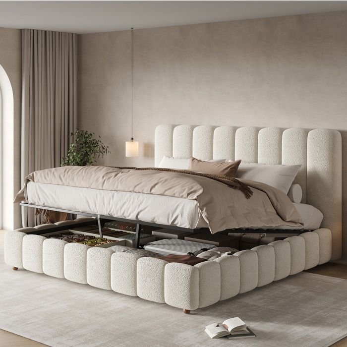 Lit coffre 160x200 cm adulte en bouclé blanc. avec sommier à lattes. ouverture hydraulique et tête de lit rembourrée