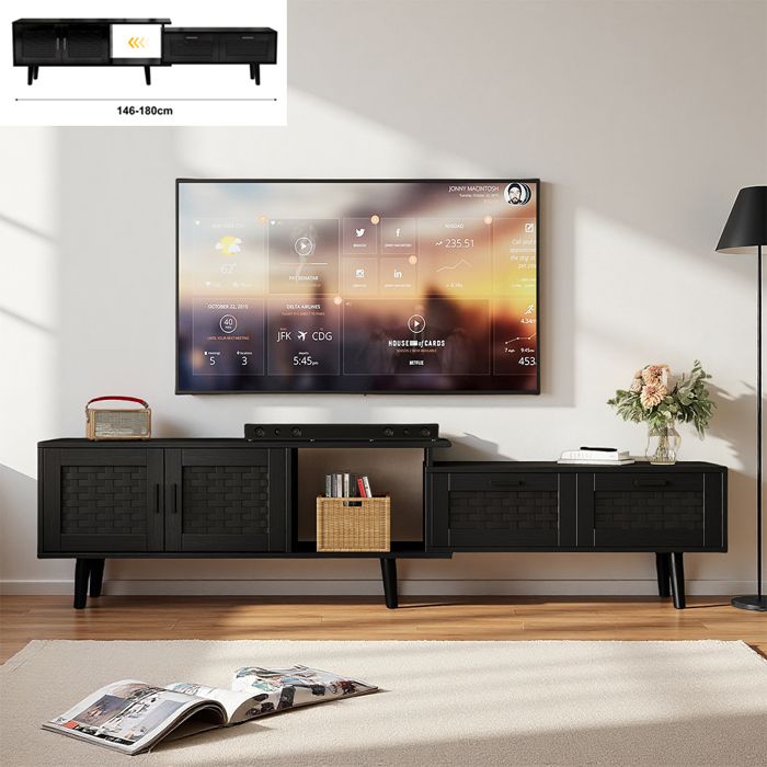 Meuble TV en Rotin Meuble TV Extensible avec 2 Tiroirs et 2 Portes Banc TV Meubles Télé Bohème Armoire TV en Cannage Noir