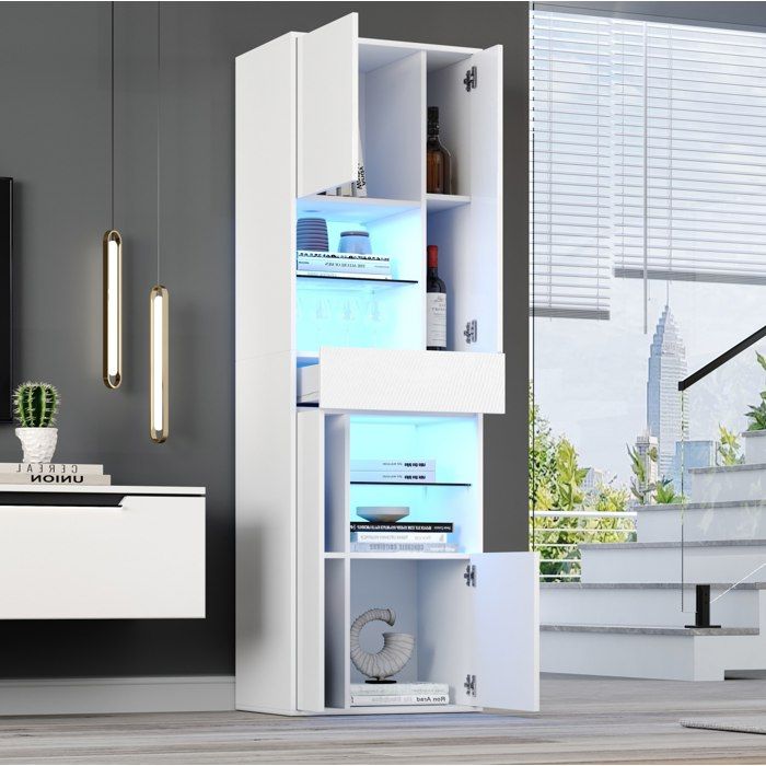 Vitrine LED. meuble de rangement haut / salon et chambre. surface brillante. 4 portes et 1 tiroir. 55×38×170 cm. blanc