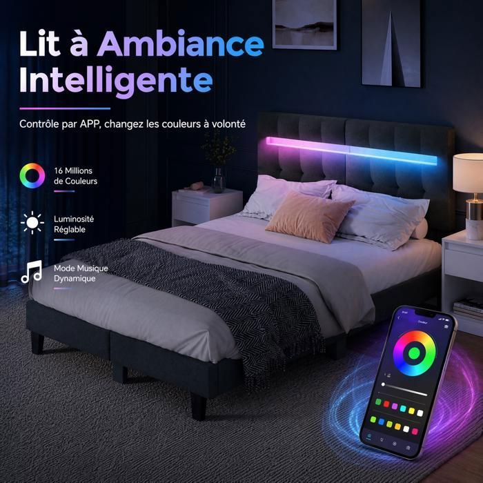 HavenlyHome Lit 140x200 Adulte avec Tête de Lit LED Sommier à Lattes Inclus Design Moderne Gris Lit Double