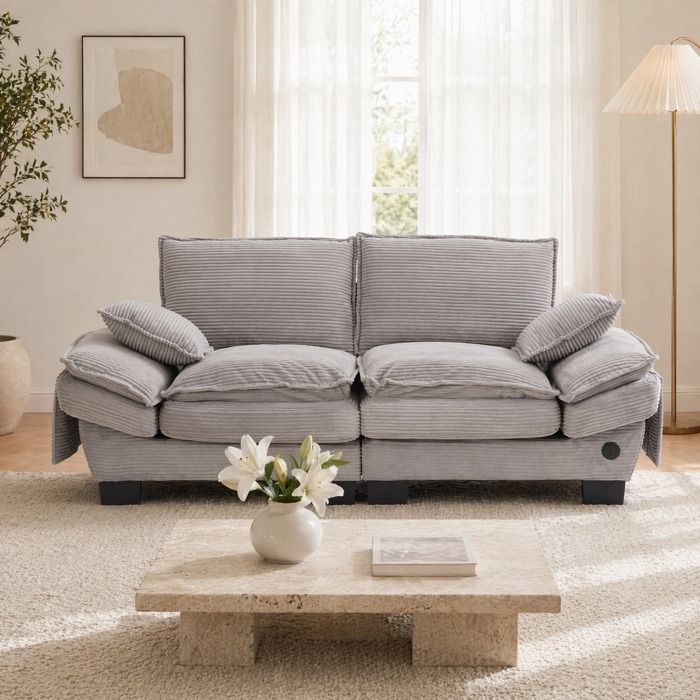 Maisentiel Canapé modulable 2 places gris clair en velours côtelé USB-C poches latérales 190 cm