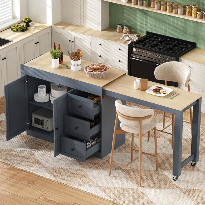 Îlot de cuisine gris 112-186.8x45x93cm-avec table à manger extensible - buffet de cuisine autoportant avec 3 tiroirs et 2 portes