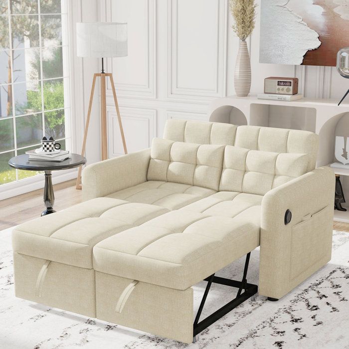 Canapé convertible 2 places beige L 142 x P 85 x H 83 cm dossier réglable USB 2 coussins