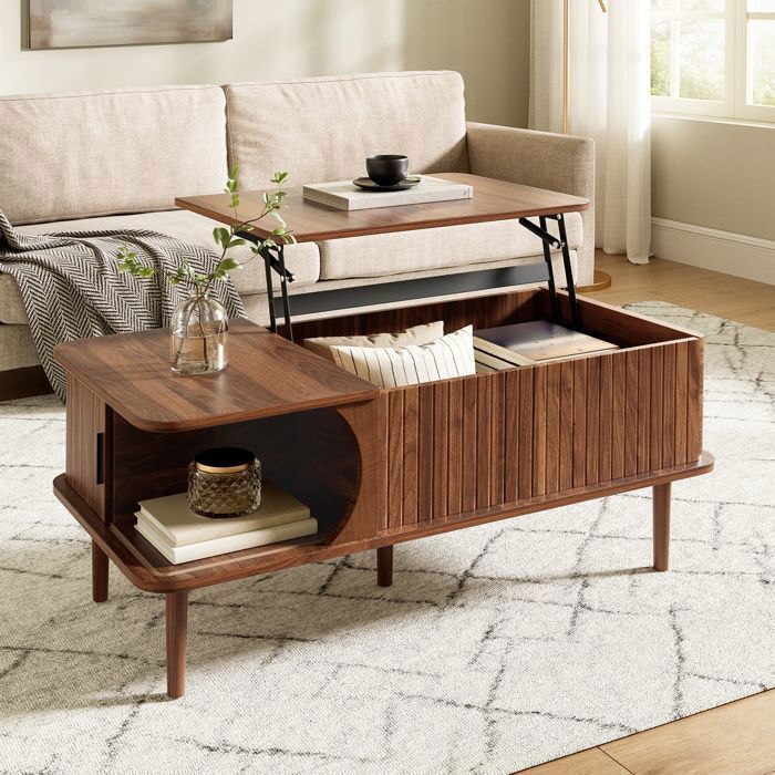 Table Basse Relevable 100x48cm Effet Noyer Design Rétro Rainuré Plateau Élévateur Porte Coulissante Pieds Bois Rangement