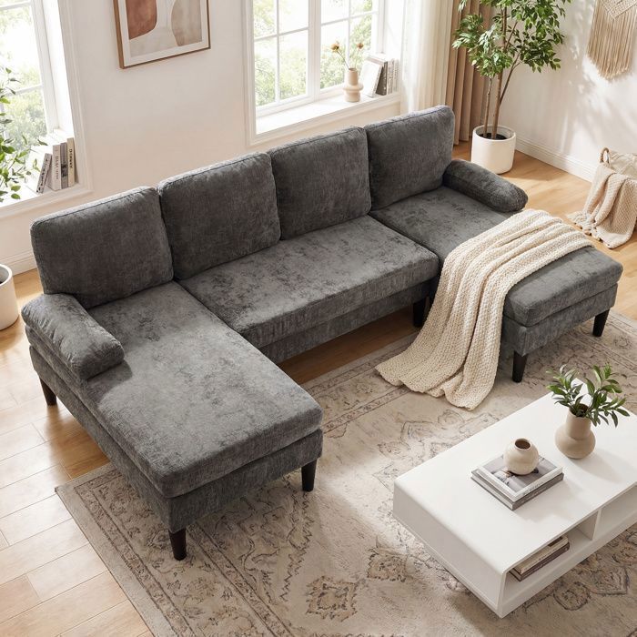 Canapé Panoramique en U - COSTWAY - Canapé dAngle - 5/6 Places 2 Chaise Longue Fixe en Tissu Chenille avec 4 Coussins Gris