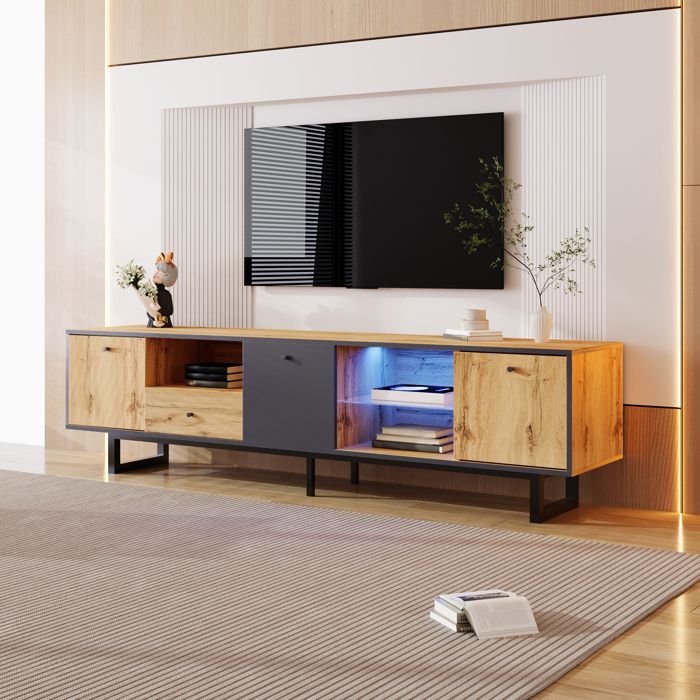 LPOSPI Meuble tv avec séparation en verre et éclairage led - design bicolore bois et gris anthracite contemporain 190×40×50 cm