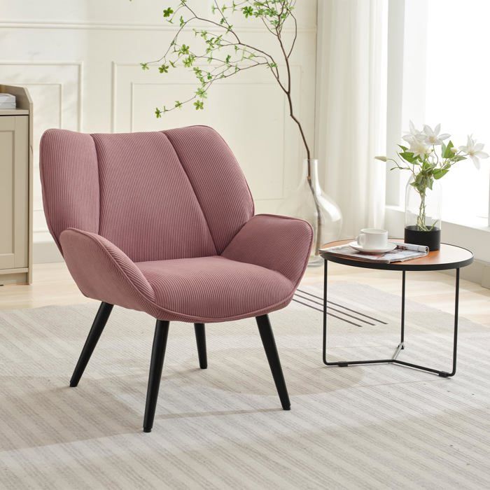Fauteuil lounge scandinave - LUNSY - Velours côtelé - Dimensions compactes 70x90x52 cm - Structure métallique robuste