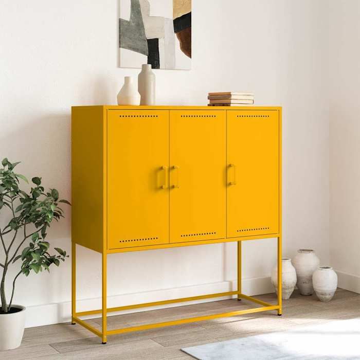 (15552)Meuble rangement - Buffet haut - contemporain - jaune moutarde 1005x39x107 cm acier poid:26.5 kg