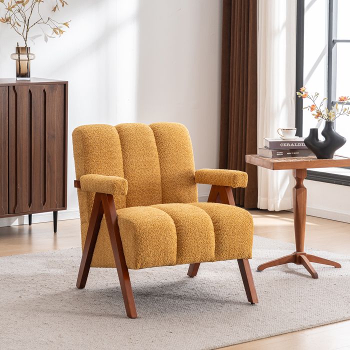 Fauteuil bouclé moderne - Jaune - Bois massif - 77x68.5x77 cm - 13.5 kg - Rembourrage doux