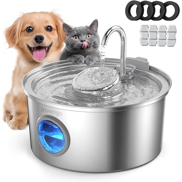 Fontaine a Eau Chat Fontaine à Eau pour Chat INOX 32L Ultra-Silencieuse avec Filtre 5 Étapes - Inclut 4 Filtres de