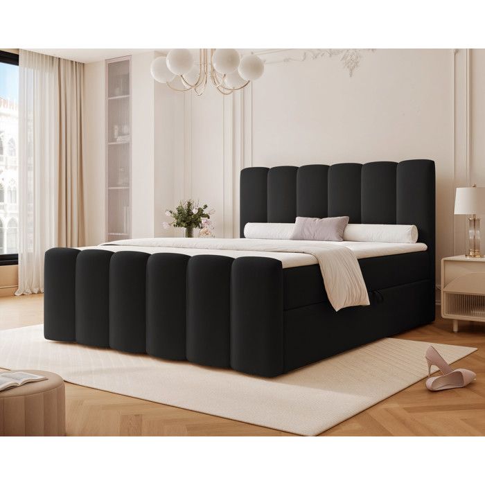 Lit adulte FERRERO - 200x200 cm - coffre de rangement à ouverture latérale - avec matelas à ressorts - Noir